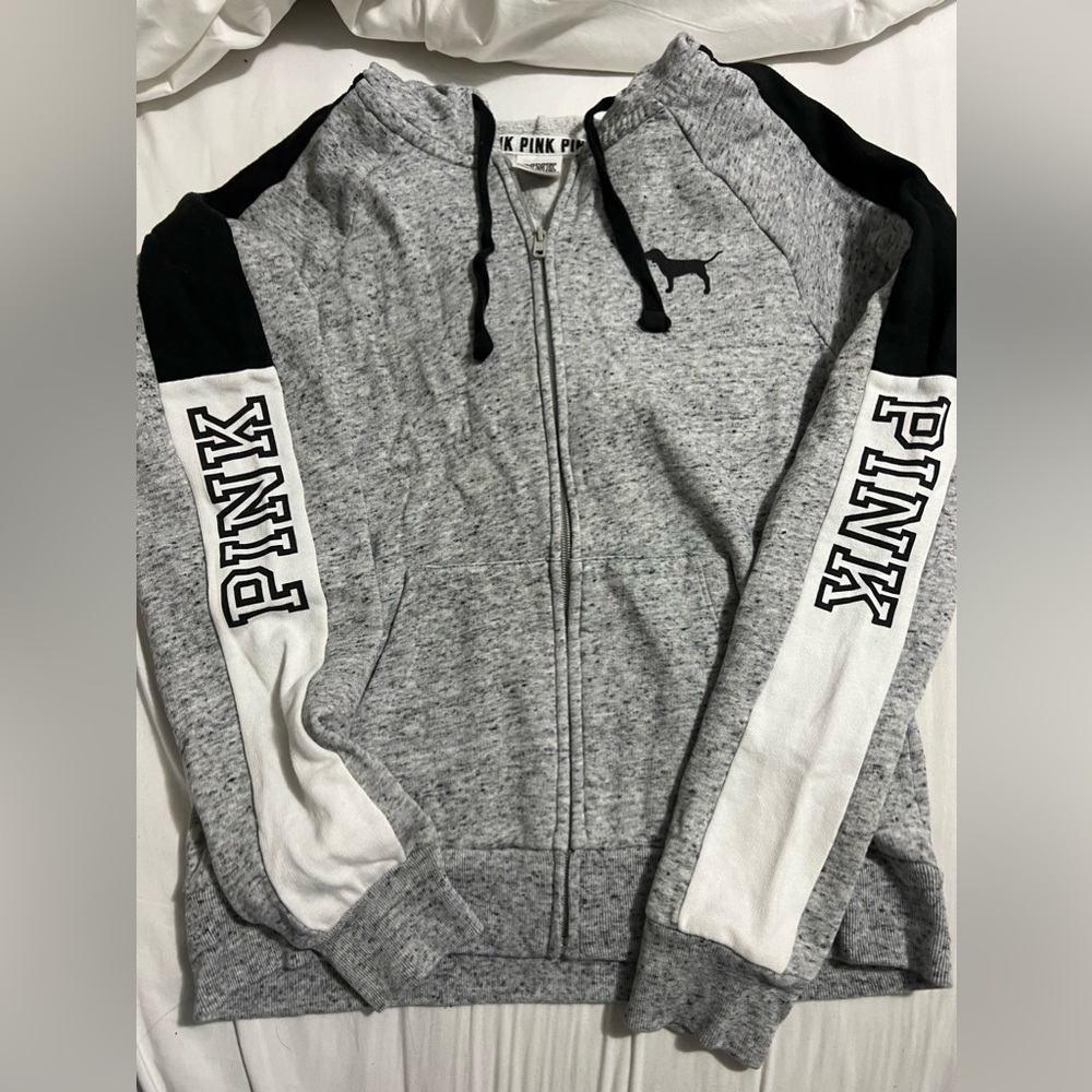Grey and black pink brand zip up hoodie, Womens xs